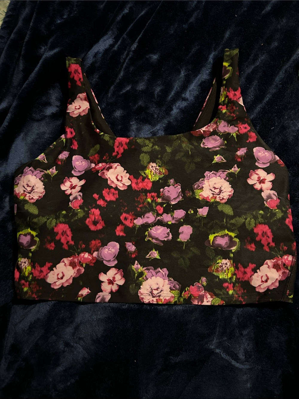Old Navy Black Floral Sports Bra with Pink & Purple Roses